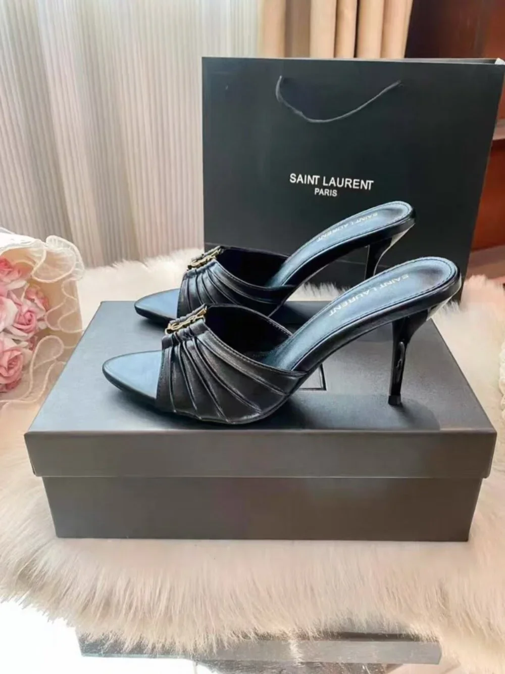 Saint Laurent YSL Black Ruched Leather Stiletto Mule Slides